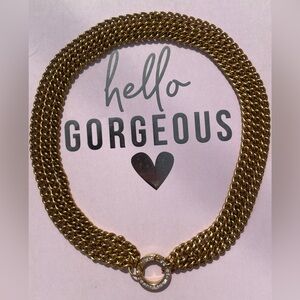 Gold Plated Multi Chain Necklace w/ Pavé Clasp | 16” Statement